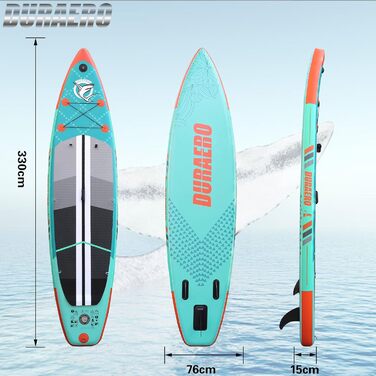 Надувна SUP-дошка 330x76x15 см з каяк-сидінням, 3 плавниками, камерною кріпленням, подвійним регульованим веслом, повним комплектом аксесуарів, м'ятна, вантажопідйомність до 150 кг