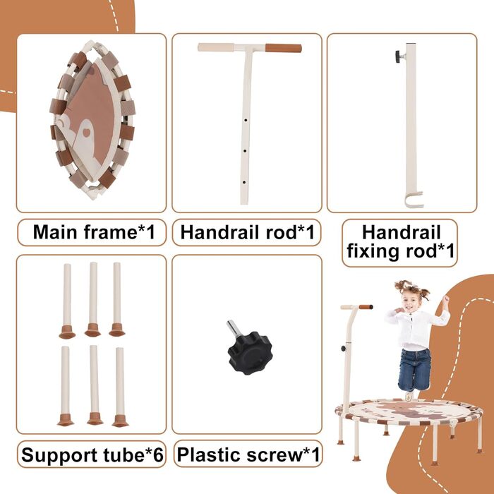 Батут дитячий для дому та саду Ø101 см з регульованою ручкою та пружинним ременем, батут для фітнесу для хлопчиків та дівчаток від 3 років, до 80 кг, бежевий