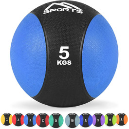 MSPORTS Медичний м'яч 5 кг, професійний, синій, для фітнесу та реабілітації, з постером вправ