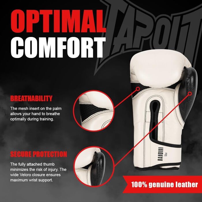Боксерські рукавички Tapout зі шкіри, 12 унцій, Bandini, екрю/чорні, 1 пара