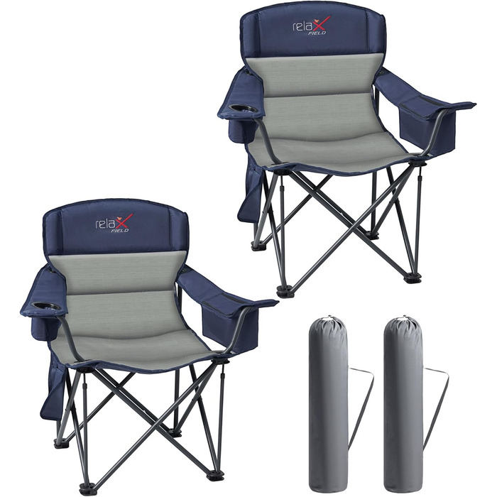 Крісло для кемпінгу складне RELAX FIELD, 200 кг, з підстаканником та сумкою-холодильником, блакитне, 2 шт.