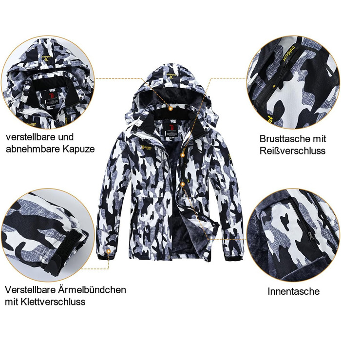 Жіноча зимова куртка YSENTO: водонепроникна, для катання на лижах, софтшелл, флісова, функціональна з капюшоном, білий (XXL, камуфляж)