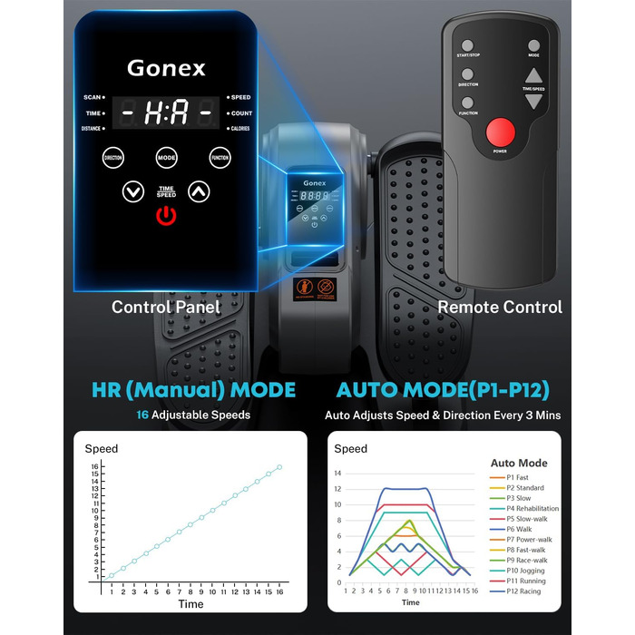 Еліптичний тренажер Gonex під стіл для літніх людей, електричний, з пульт дистанційного керування, 16 рівнів швидкості, ручний та автоматичний режими, сірий