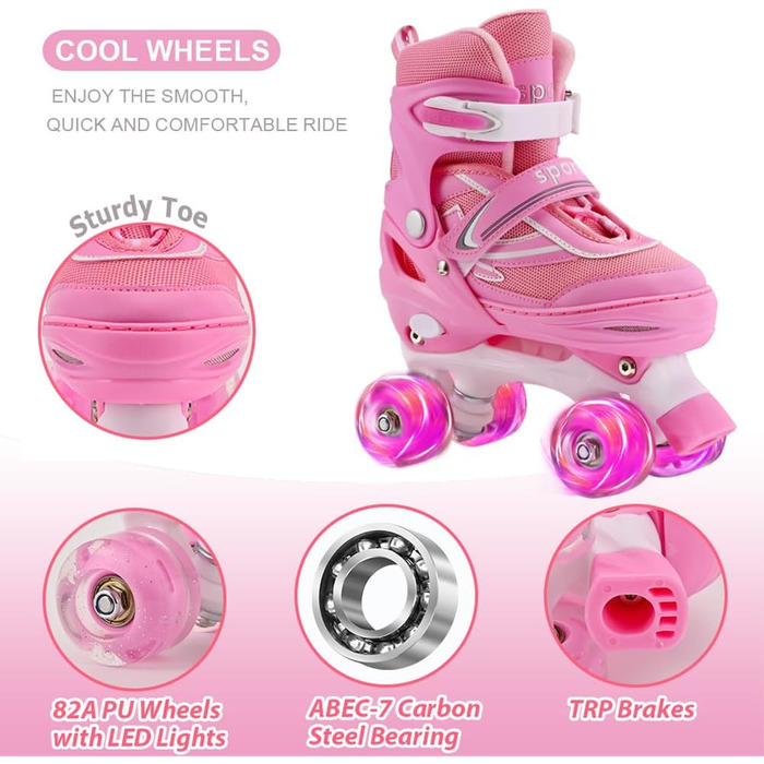 Дитячі ролики Kinder Quad для дівчаток та хлопчиків, 4 розміри, регульовані, для занять в приміщенні та на вулиці (M (34-37), Рожеві)