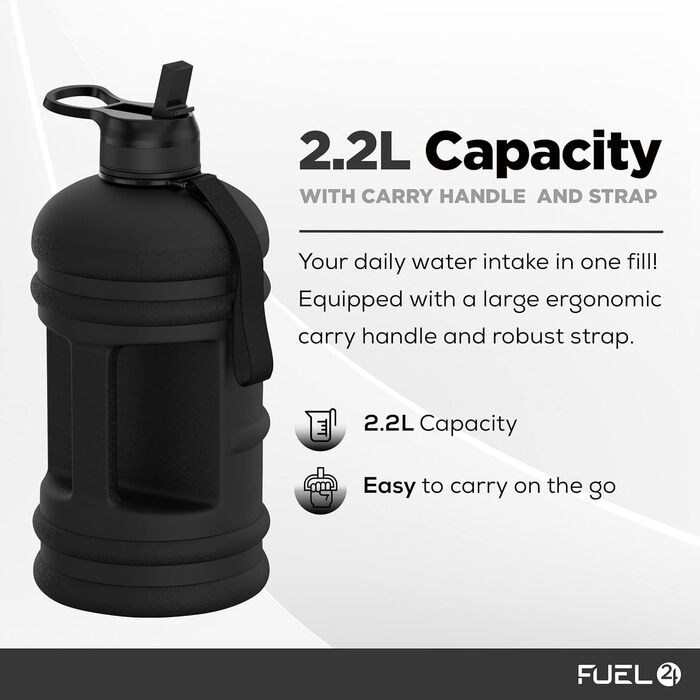 Fuel24 Кругла спортивна пляшка для води 2,2 л з носиком або трубочкою, міцний гнучкий матеріал, BPA-free, ударостійка