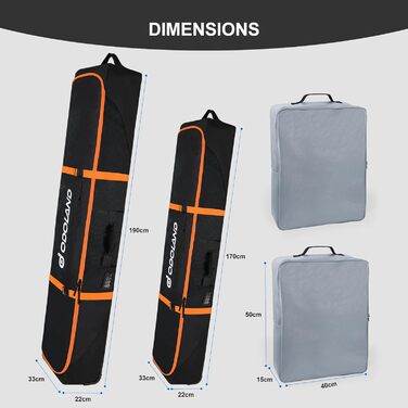 Чохол для лиж Odoland з роликами, водонепроникний, для подорожей літаком, 170 см, оранжевий