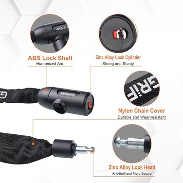 Замок для велосипеда GRIFEMA, висока безпека, ланцюговий, 7 мм x 1200 мм, чорний, з замком-кнопкою