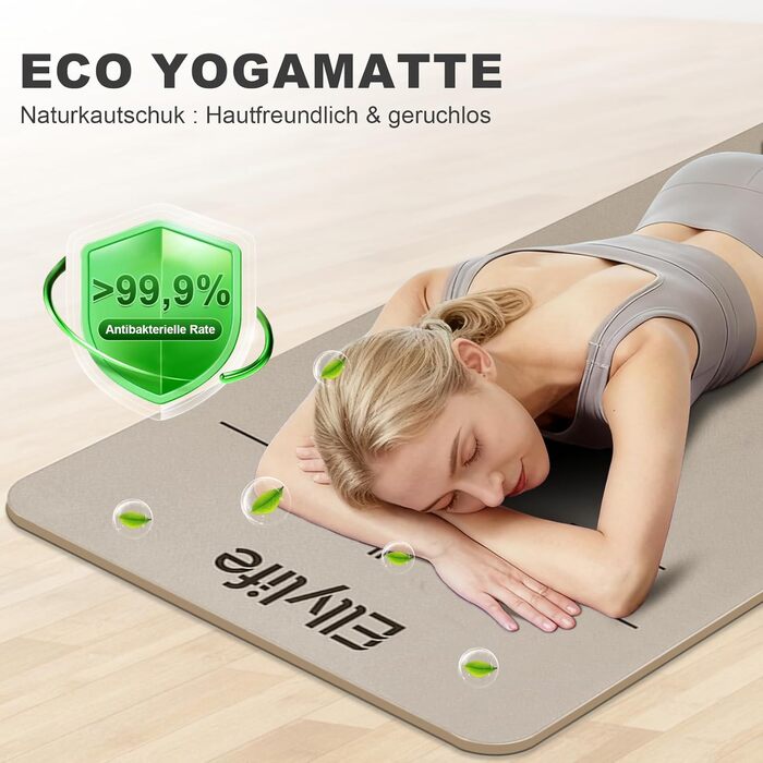 Килимок для йоги та пілатеса з еко-каучуку та TPE, протиковзкий з лініями розмітки, бежевий, 4мм, з ременем для перенесення