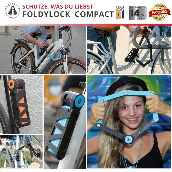 FoldyLock Compact: Патентний захист, надійний замок для велосипеда з ключем та кріпленням. 85 см, Coal. Захист для електровелосипеда, скутера та ролера