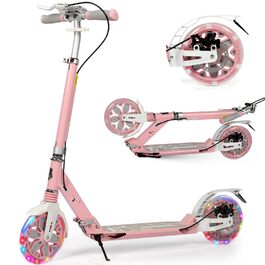 Самокат трюковий Kickscooter LED рожевий, для дітей 8-12 років та дорослих, колеса 200мм, дискові гальма, складаний, з ременем та подвійною амортизацією