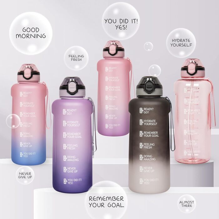 DEARRAY Тританова пляшка для води 2л з трубочкою та часовою розміткою, BPA-free, спортивна мотиваційна пляшка для фітнесу і тренажерного залу, чорна-біла