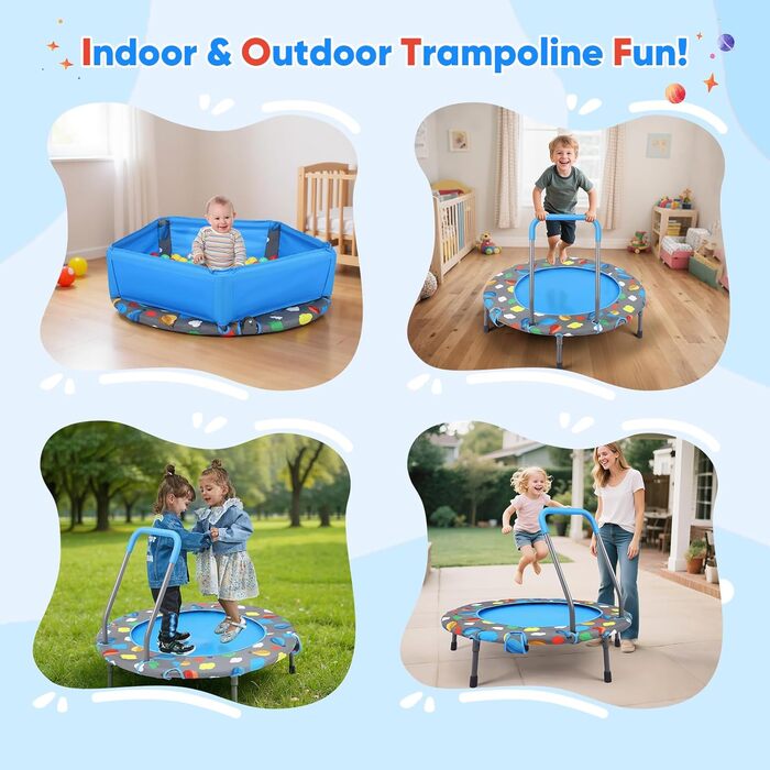 Міні-батут для фітнесу складний без встановлення 107 см, вантажопідйомність 150 кг, 3 рівня регулювання ручок, стабільний та тихий, для дітей (включно з м'ячами для басейну, 100 шт.)