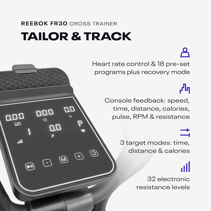 Еліптичний тренажер Reebok FR30 з Kinomap, маховик 9 кг, LED-дисплей, 32 рівні опору, 18 програм