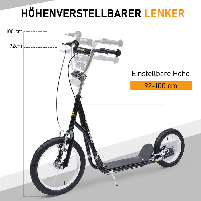 Дитячий самокат HOMCOM 16 дюймовий самокат Kick Scooter з гальмами для дітей від 5 років, кікборд чорний 135x58x92-100 см